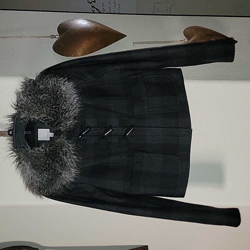 Halogen Wool Blend Faux Fur Black Gray Plaid Toggle Jacket size S - Picture 1 of 13